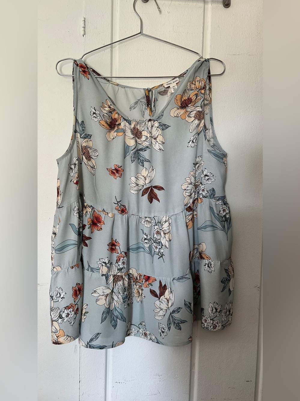 Tribal Floral Tiered Long Sleeve Top in Light Blue and Cream